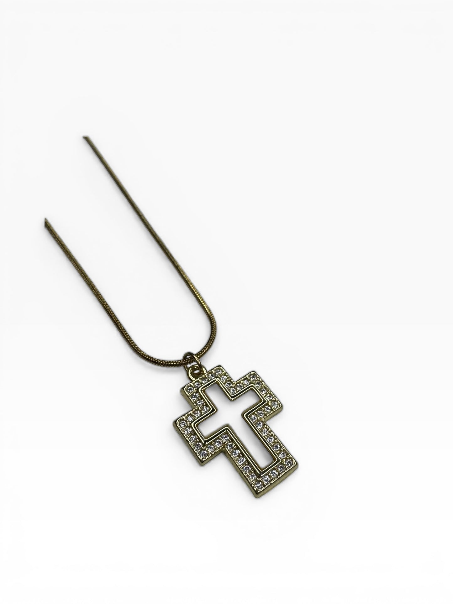 Stainless Steel Rhinestone & Mother Of Pearl Block Cross