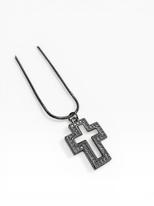 Stainless Steel Rhinestone & Mother Of Pearl Block Cross