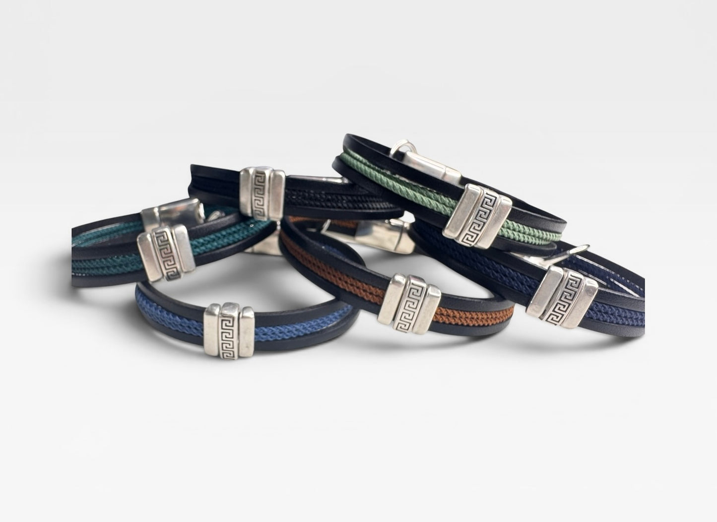 Greek Key Rope And Leather Mens Bracelet