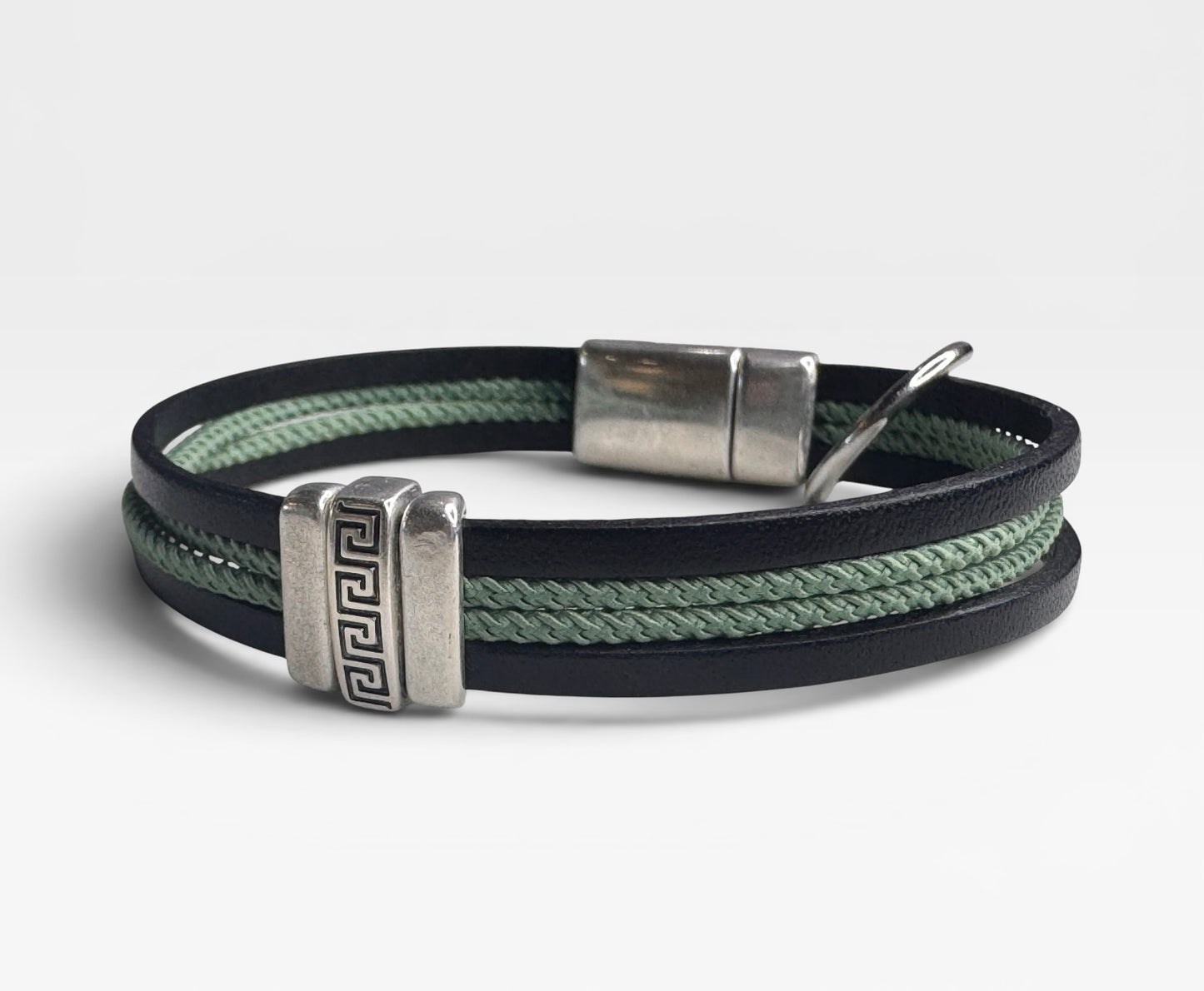 Greek Key Rope And Leather Mens Bracelet