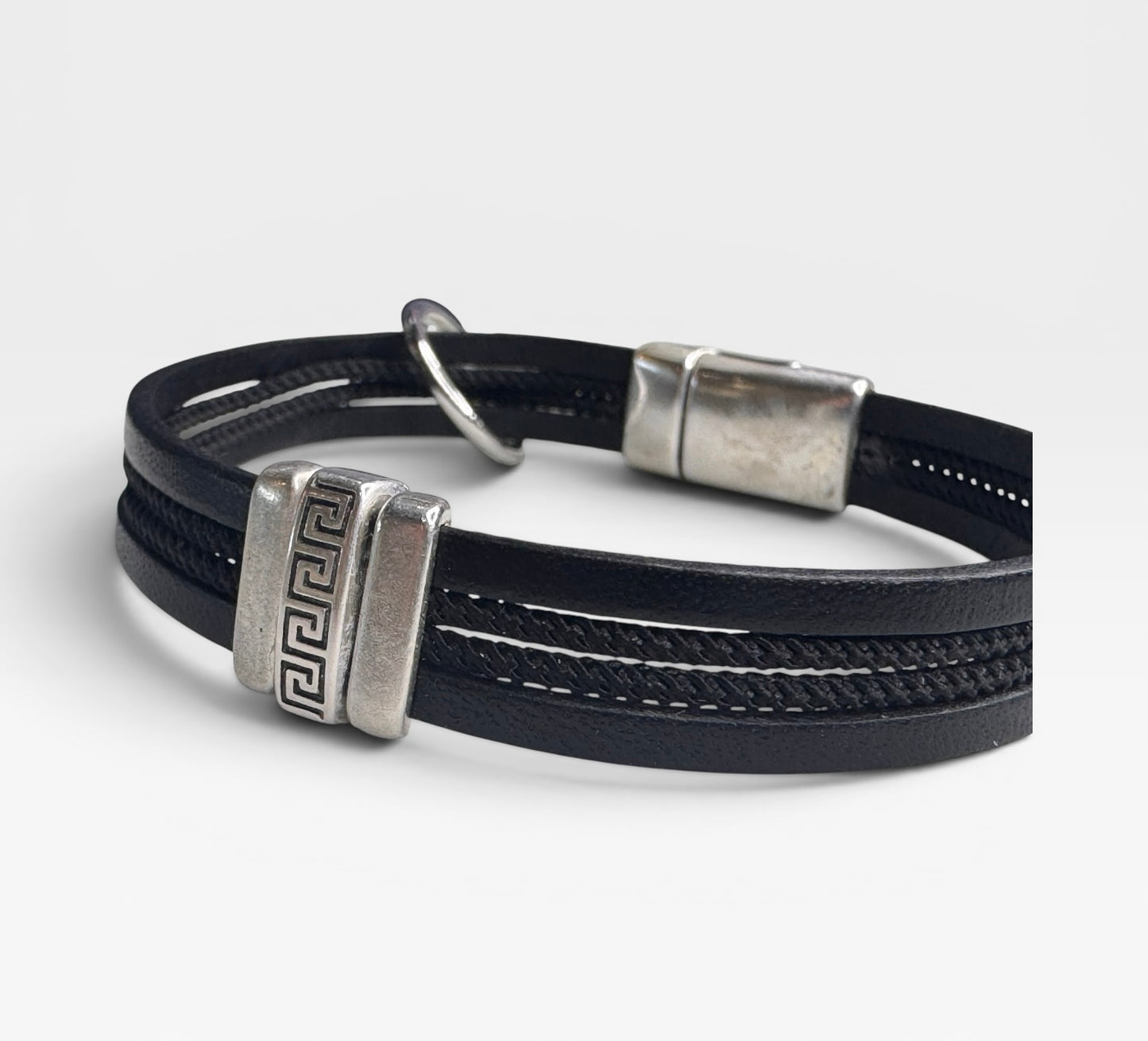 Greek Key Rope And Leather Mens Bracelet