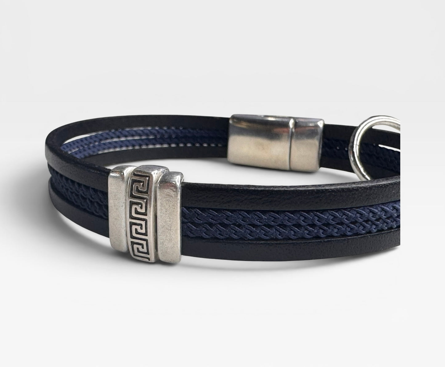 Greek Key Rope And Leather Mens Bracelet