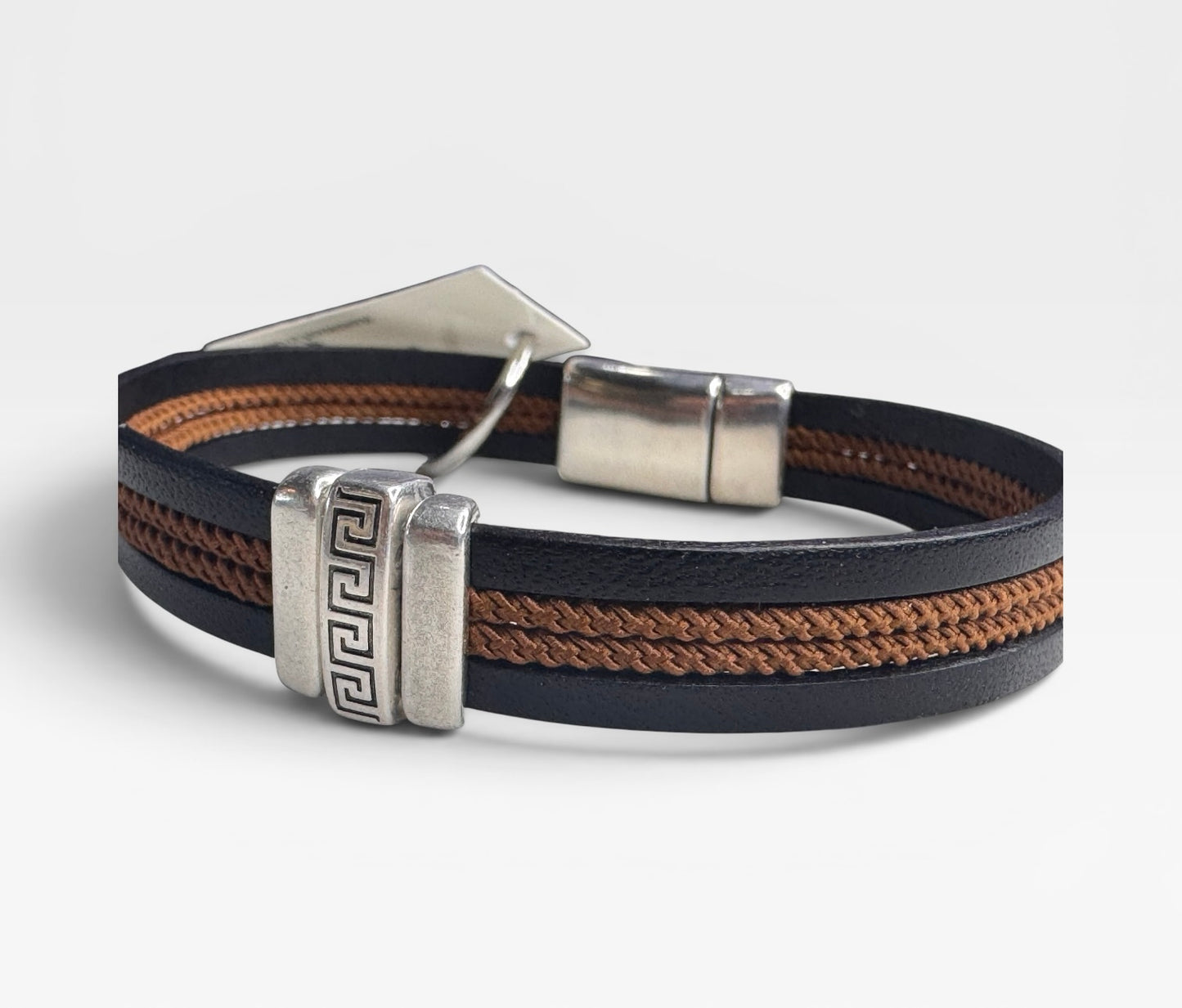 Greek Key Rope And Leather Mens Bracelet