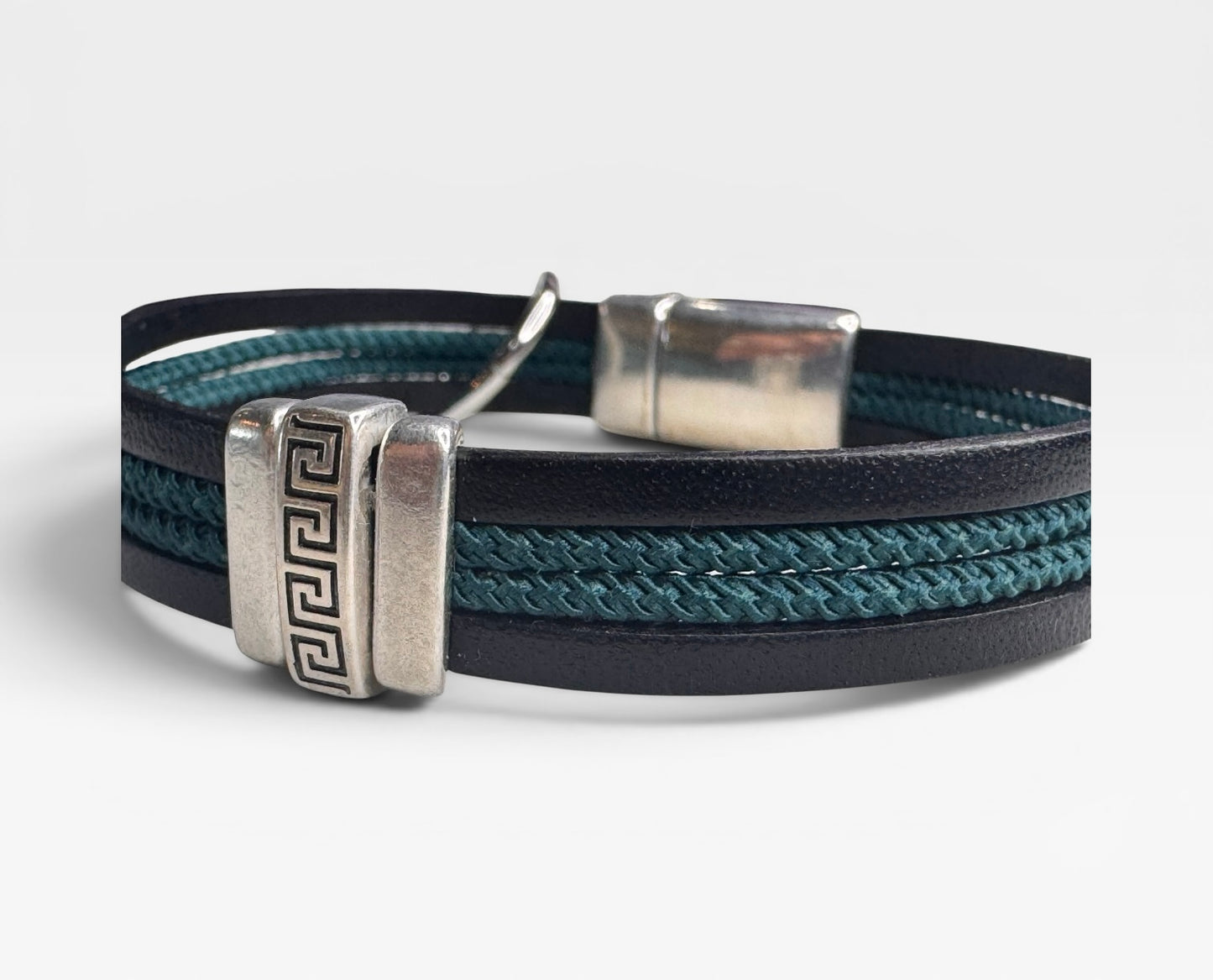 Greek Key Rope And Leather Mens Bracelet