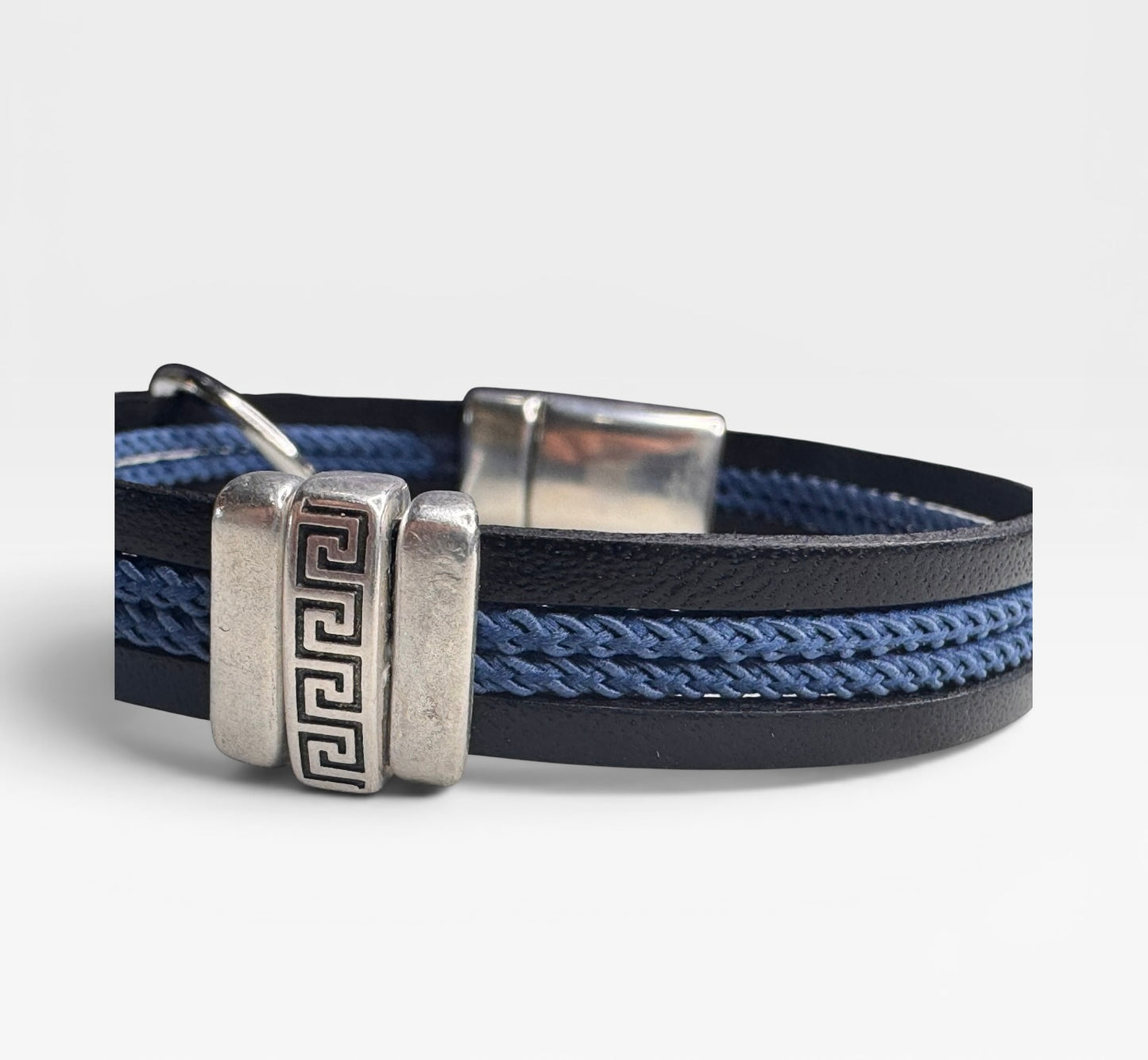 Greek Key Rope And Leather Mens Bracelet
