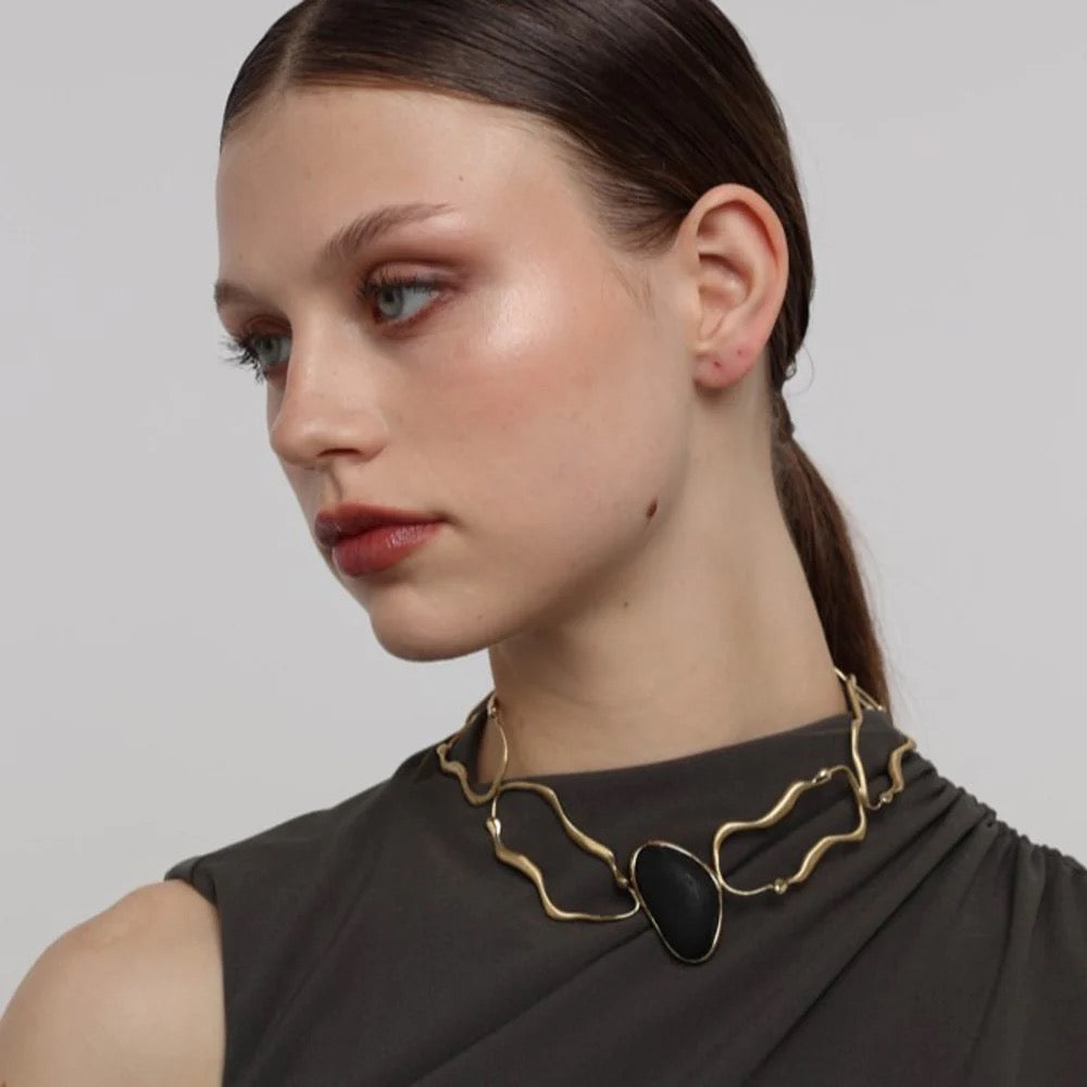 Brass Necklace With Black Stone