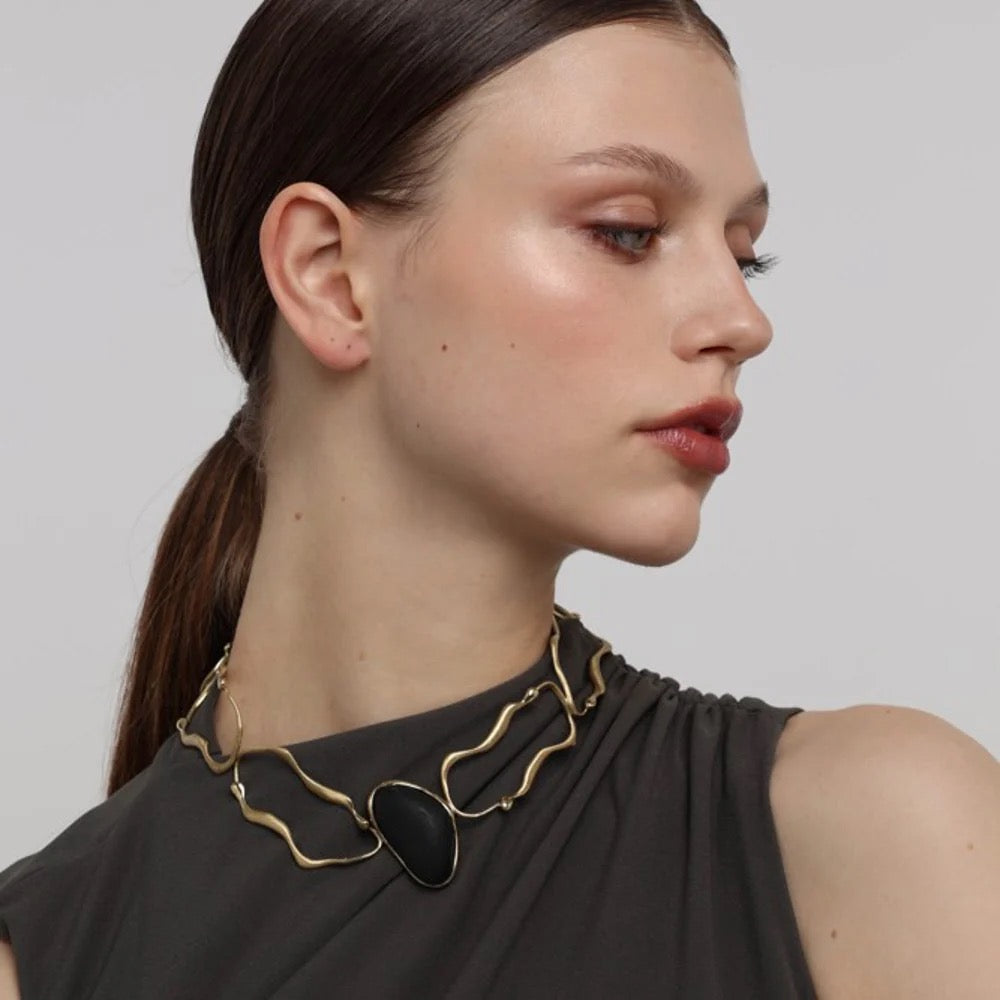 Brass Necklace With Black Stone