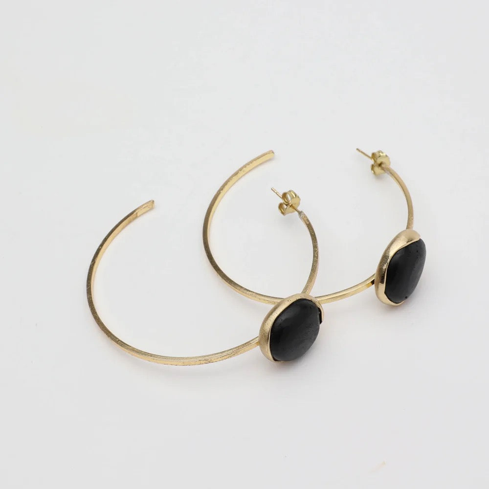 Brass And Stone Hoop Earrings
