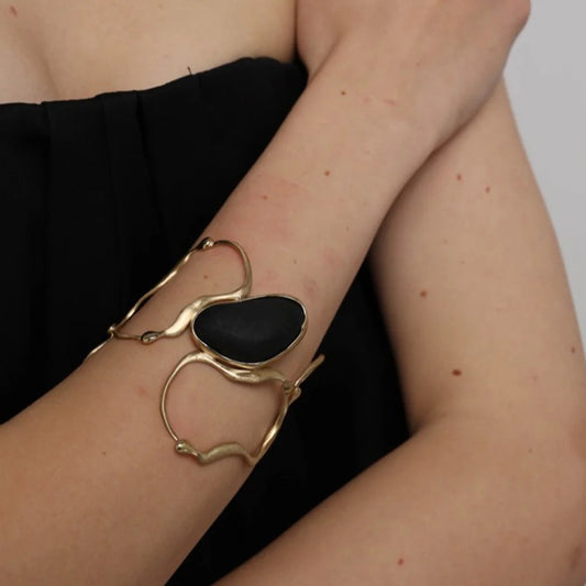 Black/White Lava Stone Eclectic Brass Bracelet