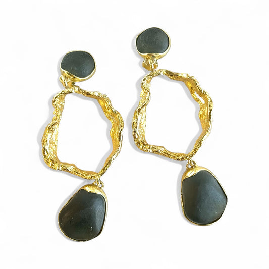 Stone Brass Drop Clip Earrings